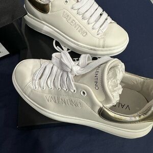 Valentino Women's White and Metallic Gold Sneakers